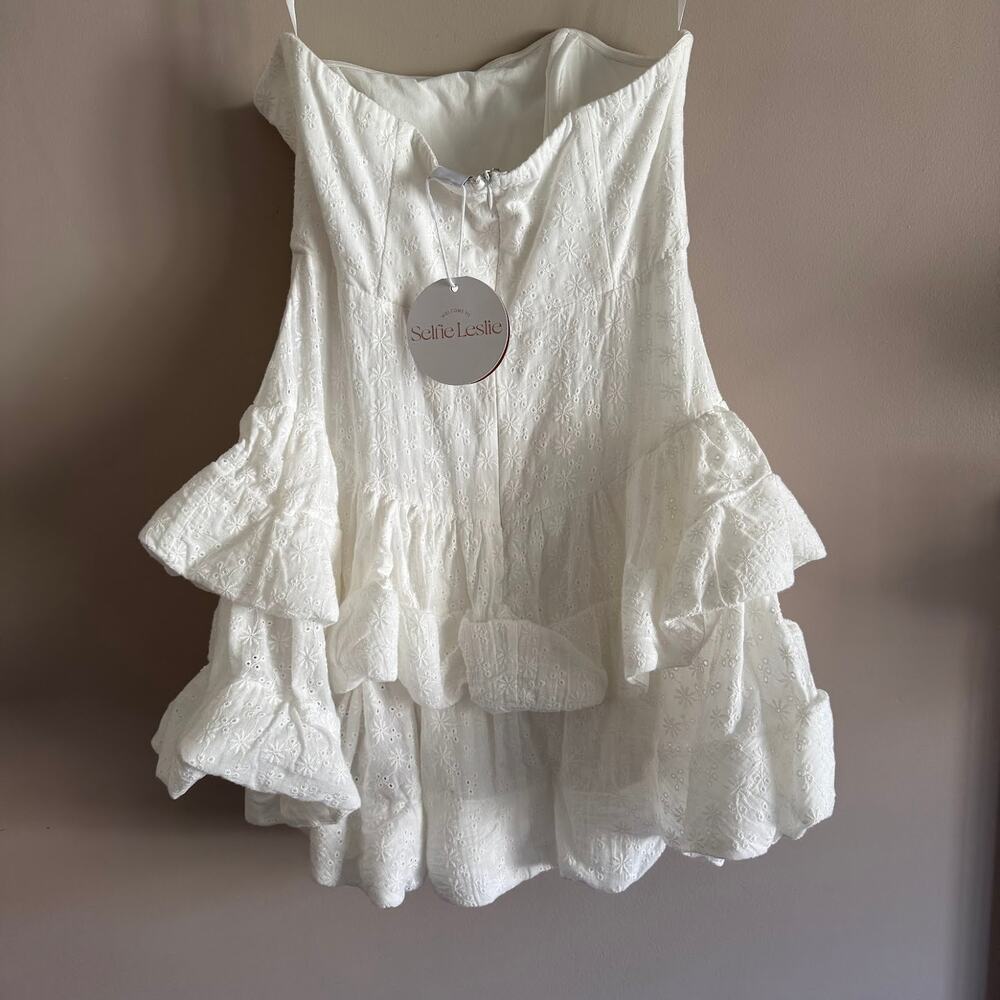 Selfie Leslie Bella Donna Strapless Frill Dress White Eyelet Mini Size Large New - Picture 8 of 8